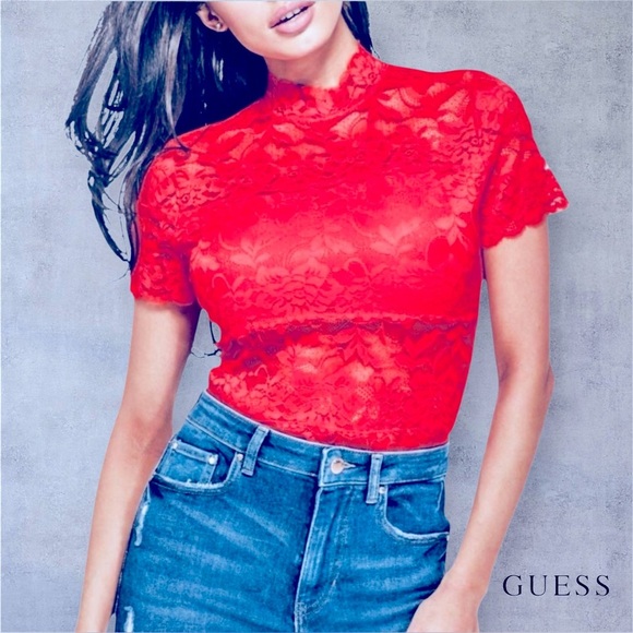 Guess Los Angeles, Shayna Knit Blouse - Red Lace - Size S - Picture 1 of 10
